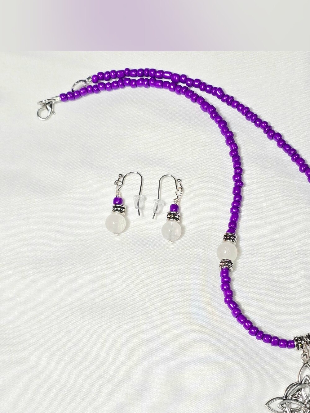 Purple Boho Choker Necklace & Earrings, Genuine White Quartz & Glass Seed Beads
